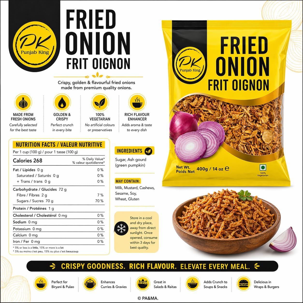 Punjab King Fried Onions 400g – Crispy Golden Brown Onions (Birista) | Ready-to-Use for Biryani, Curries & Garnishing