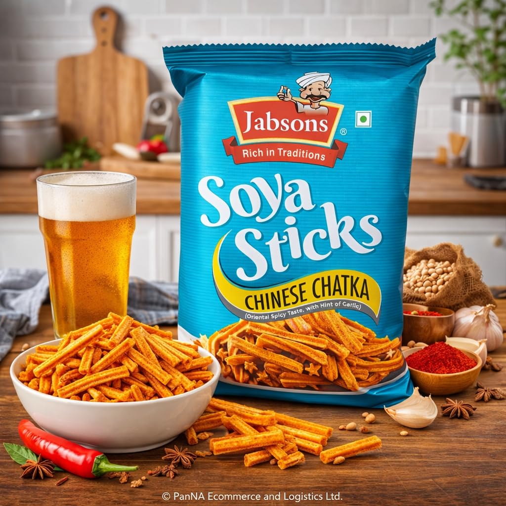 Jabsons Soya Sticks Chinese Chatka – Spicy Crunchy Soya Snack with Garlic Flavor | Protein-Rich Namkeen | Ready-to-Eat Savory Snack (180 G)