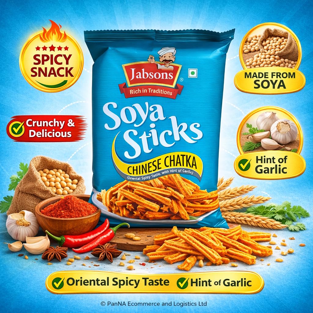 Jabsons Soya Sticks Chinese Chatka – Spicy Crunchy Soya Snack with Garlic Flavor | Protein-Rich Namkeen | Ready-to-Eat Savory Snack (180 G)