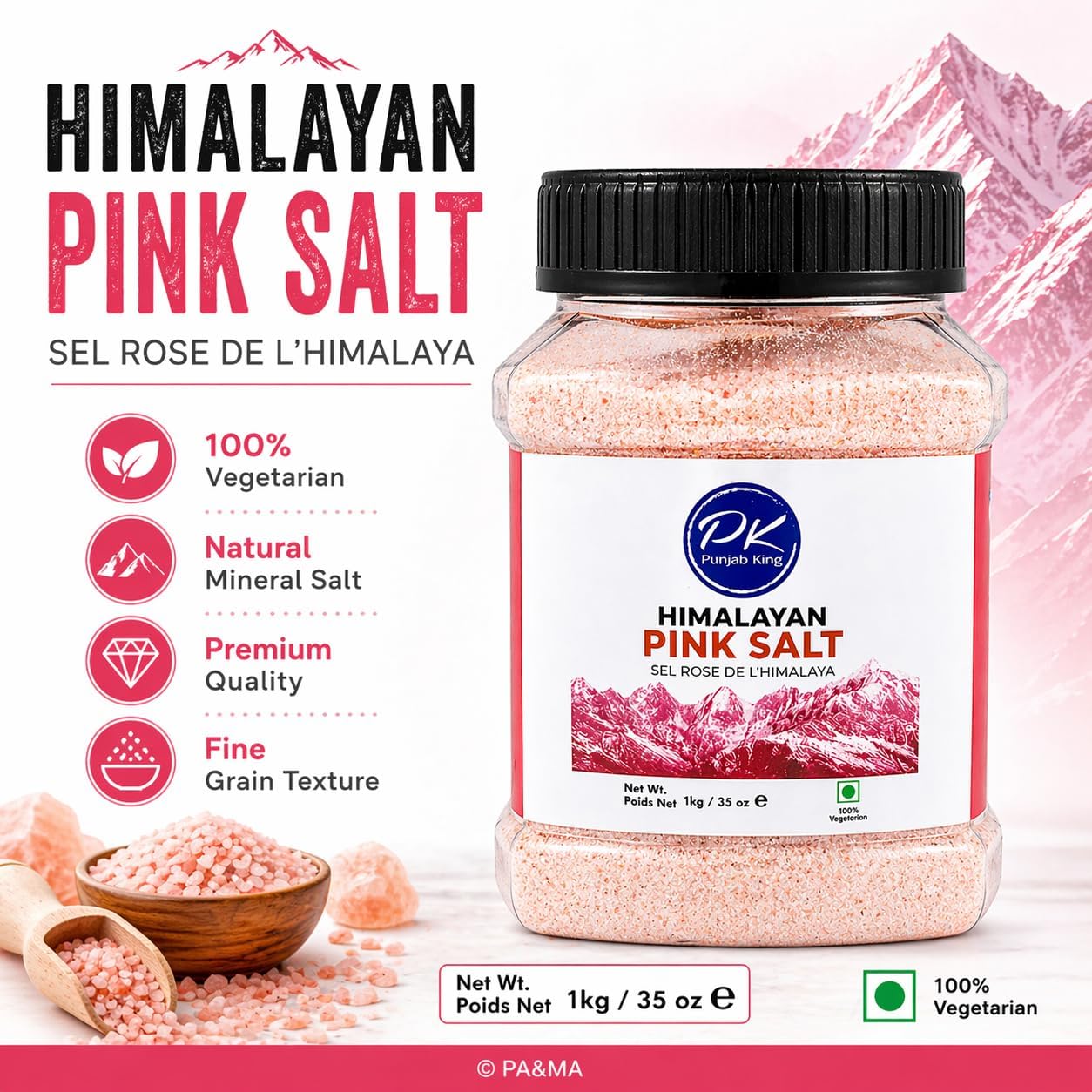 Punjab King Himalayan Pink Salt 1kg – Natural Rock Salt | Mineral Rich, Unrefined Pink Salt for Cooking & Seasoning