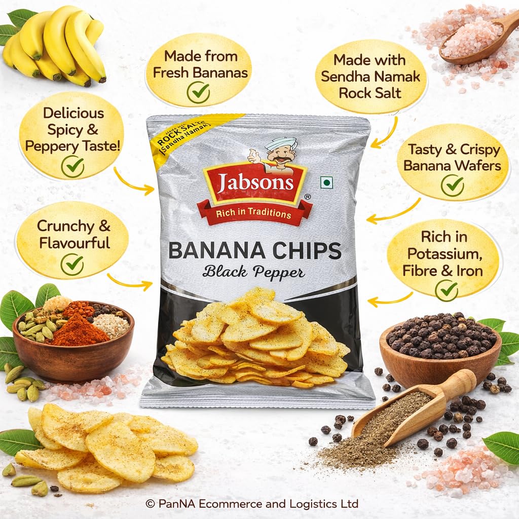 Jabsons Banana Chips Classic Salted 150g – Crispy Salted Banana Chips with Rock Salt | Indian Namkeen Snack | Pack of 24