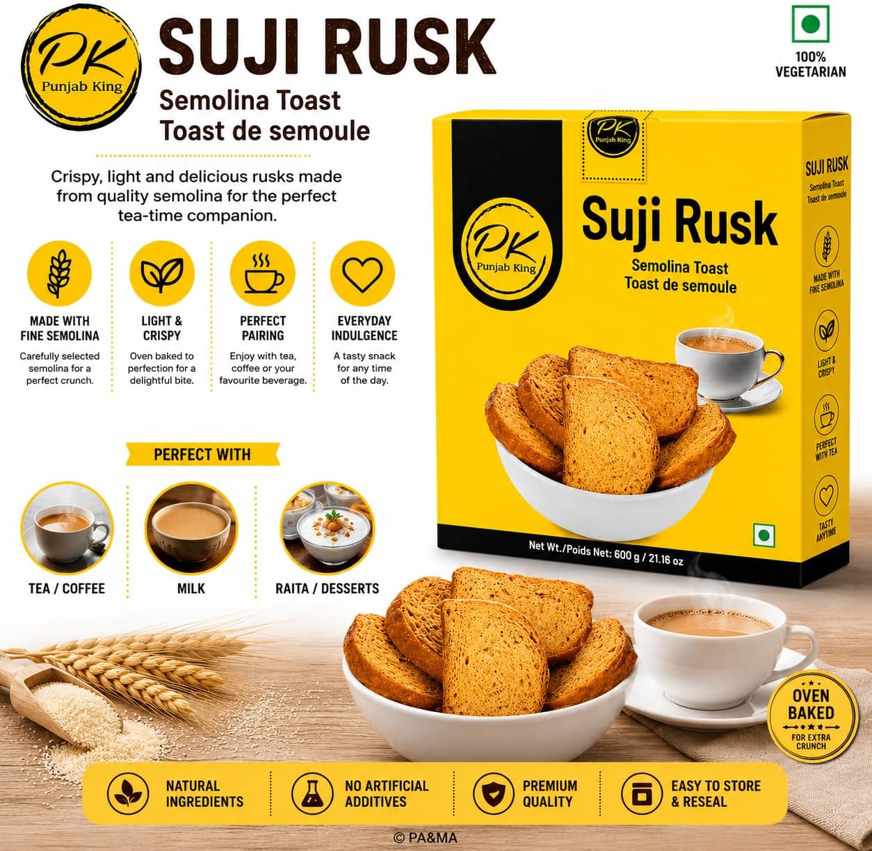 PK Suji Rusk 600 g – Crispy Semolina Toast Rusks | Traditional Indian Tea-Time Biscuit | Crunchy Breakfast & Snack