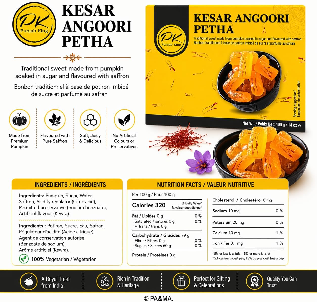 Punjab King Kesar Angoori Petha 400g – Saffron Flavored Indian Sweet | Soft & Juicy Petha Mithai, Traditional Dessert