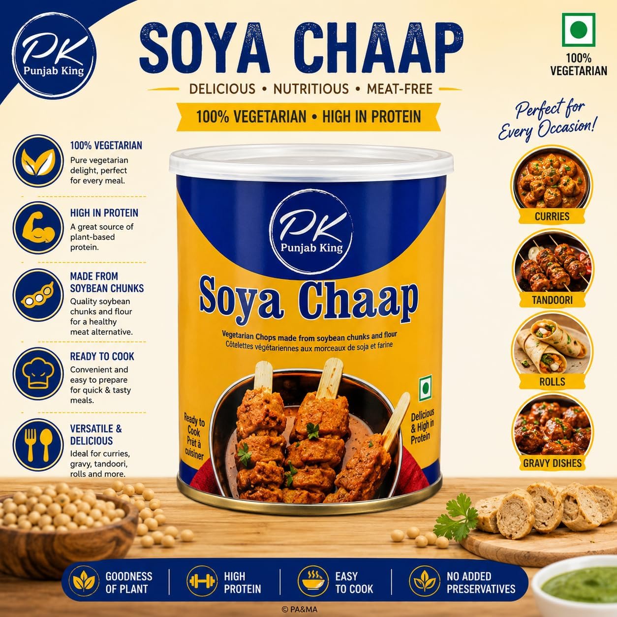 PK Soya Chaap 850 g – Ready-to-Cook Vegetarian Soy Protein Chaap | Canned Soya Chaap for Curry, Tikka & Grilled Recipes