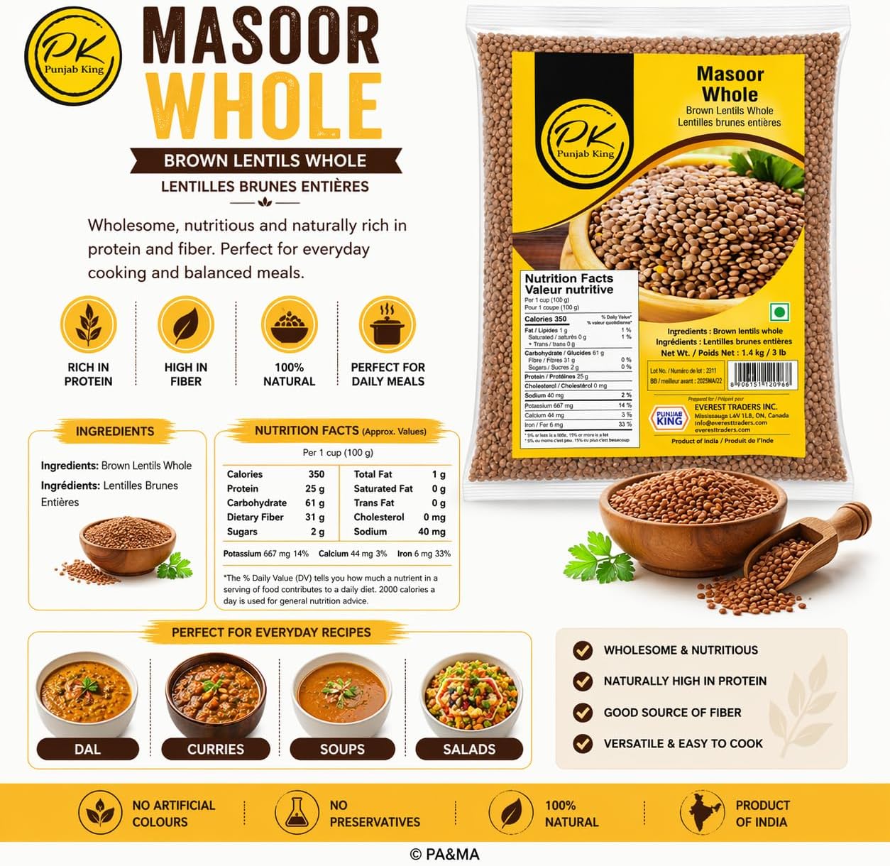 Punjab King Masoor Whole 1.4kg (3lb) – Brown Whole Lentils | High Protein Indian Dal | Product of India