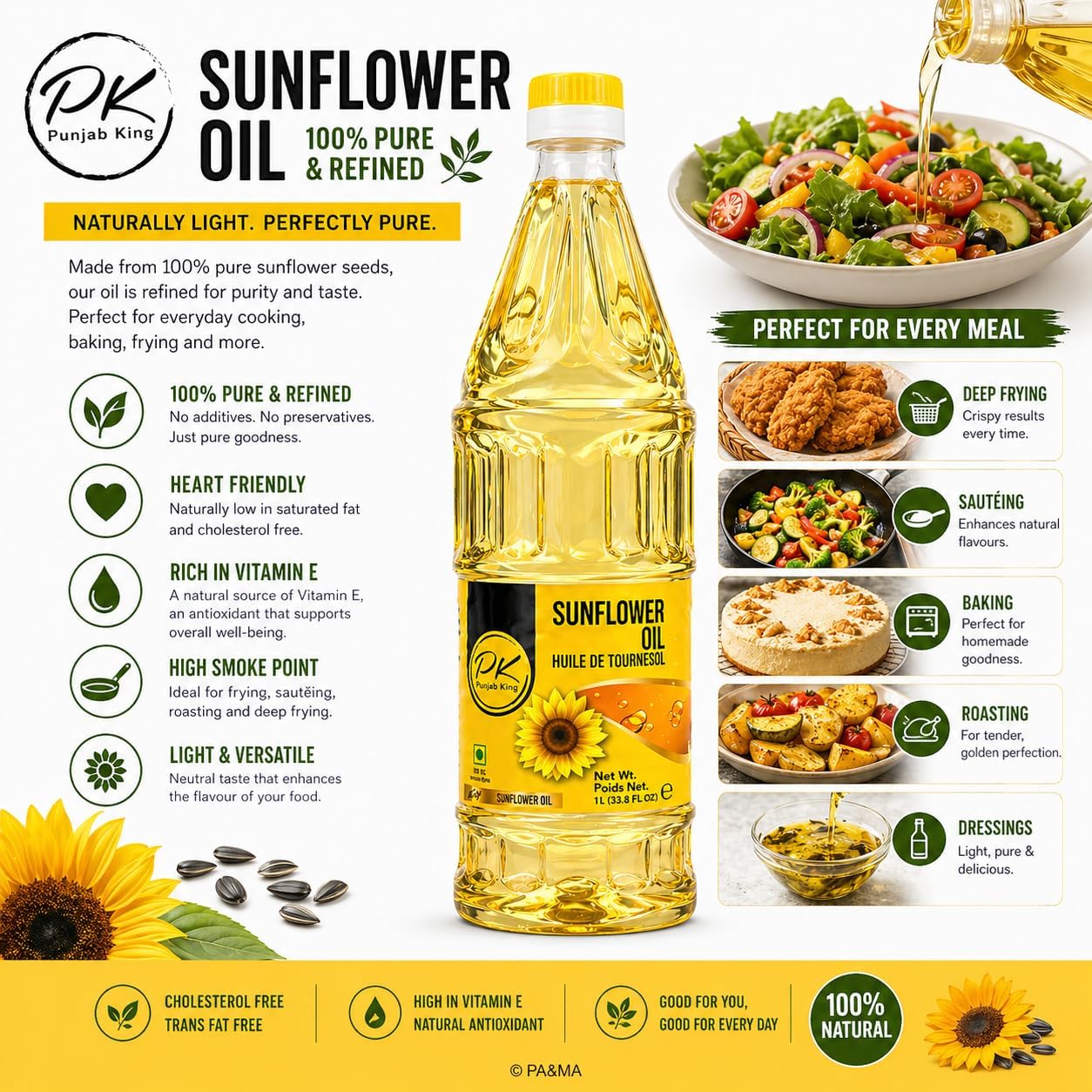 PK Punjab King Sunflower Oil 1L – Refined Cooking Oil | Light & Healthy Edible Oil | Ideal for Frying & Cooking