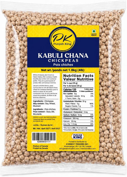PK Punjab King Kabuli Chana 4lb (1.8kg) – Premium Chickpeas | High Protein & Fiber | Whole Garbanzo Beans for Cooking
