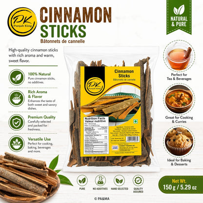 Punjab King Cinnamon Sticks 150g – Whole Dalchini (Ceylon Cassia) Spices | Aromatic Premium Cinnamon for Cooking, Baking & Tea