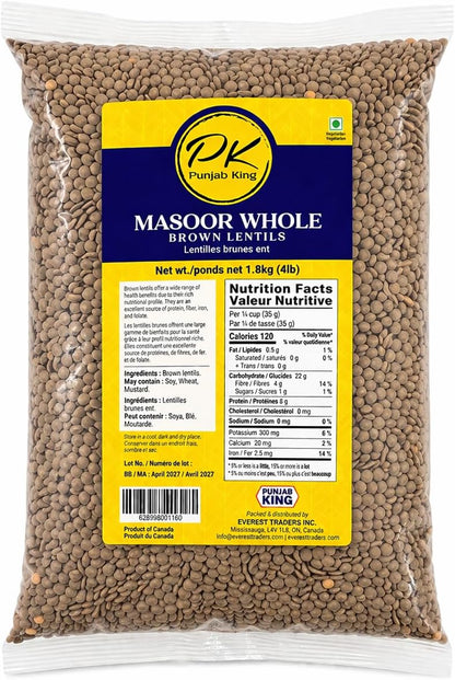 PK Punjab King Masoor Whole Brown Lentils 4lb (1.8kg) – Whole Red Lentils | High Protein & Fiber | Premium Quality Dal