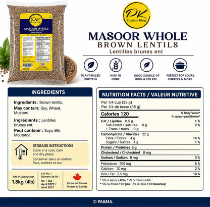 PK Punjab King Masoor Whole Brown Lentils 4lb (1.8kg) – Whole Red Lentils | High Protein & Fiber | Premium Quality Dal