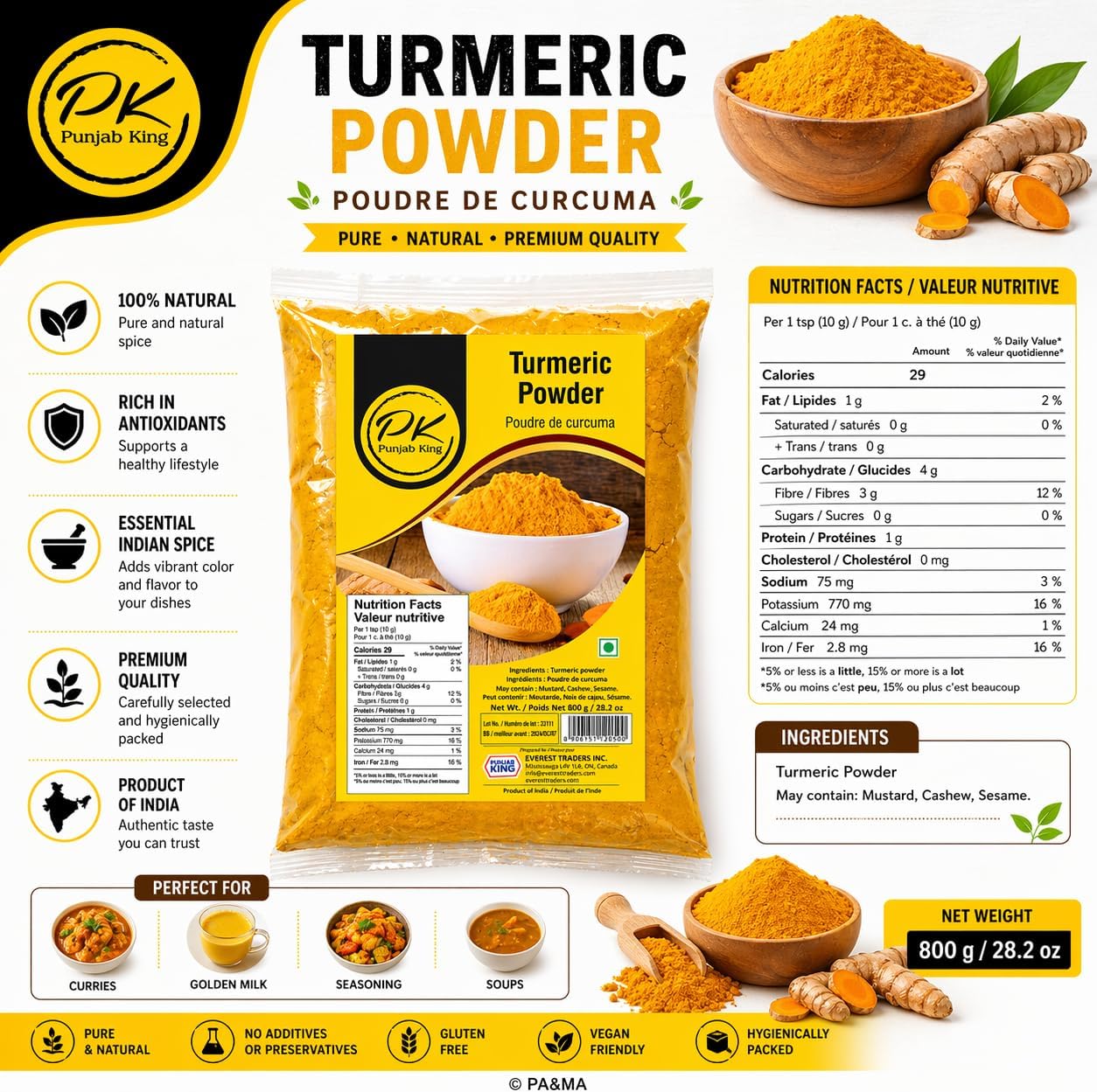 Punjab King Turmeric Powder – Premium Haldi Powder, Pure Ground Turmeric Spice for Cooking & Ayurvedic Use, Natural & Aromatic, 800g