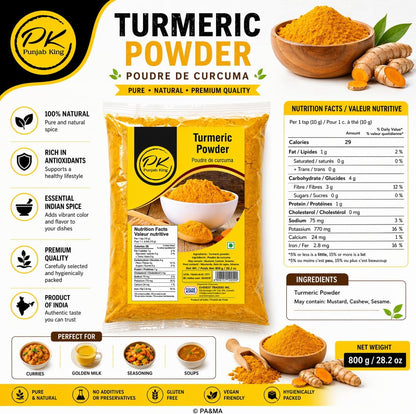Punjab King Turmeric Powder – Premium Haldi Powder, Pure Ground Turmeric Spice for Cooking & Ayurvedic Use, Natural & Aromatic, 800g