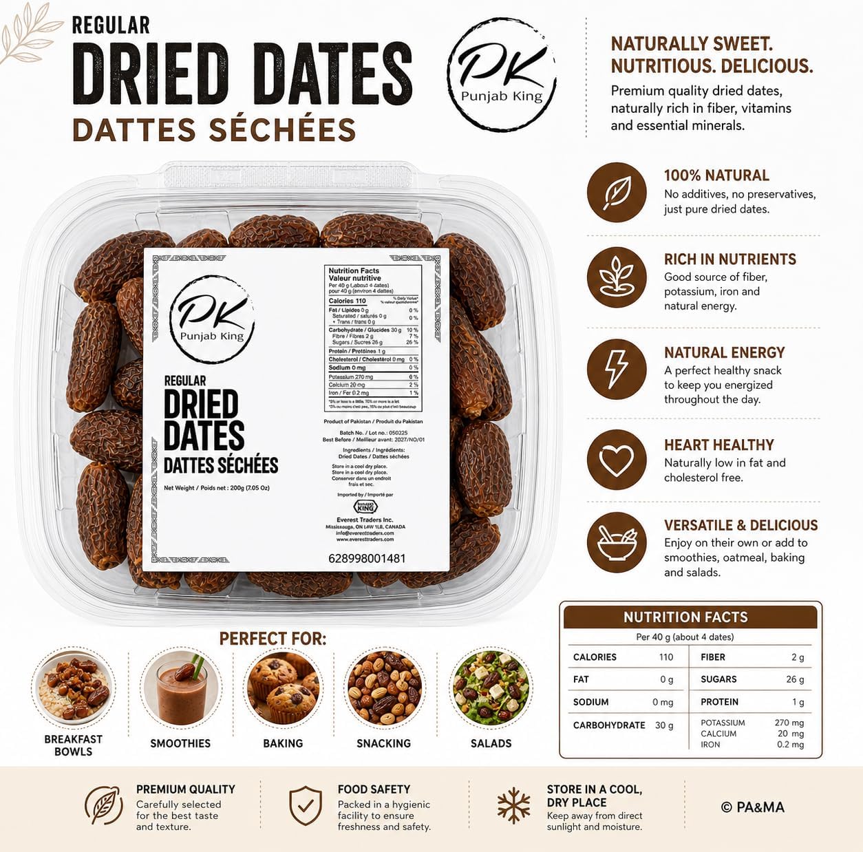 PK Punjab King Regular Dried Dates 200g – Natural Sweet Dates | Healthy Snack | Rich in Fiber & Energy | No Added Sugar