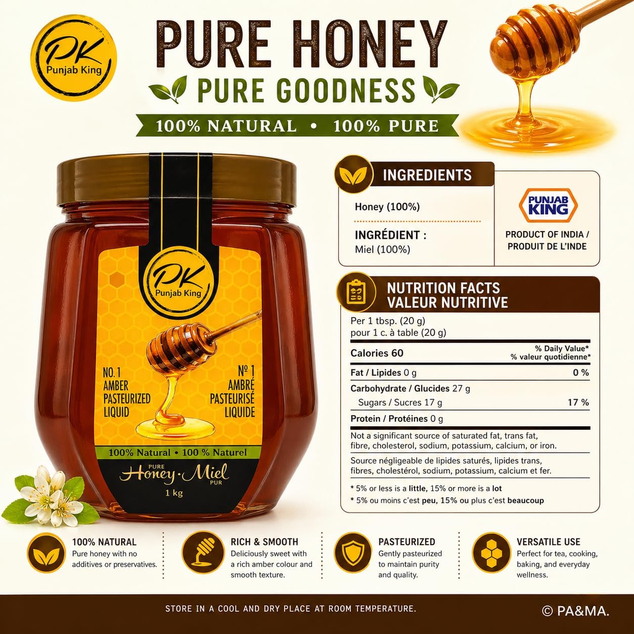 PK Punjab King Pure Honey 1kg – 100% Natural Amber Honey | Pasteurized Liquid Honey | No Added Sugar
