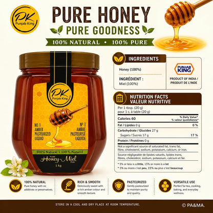PK Punjab King Pure Honey 1kg – 100% Natural Amber Honey | Pasteurized Liquid Honey | No Added Sugar