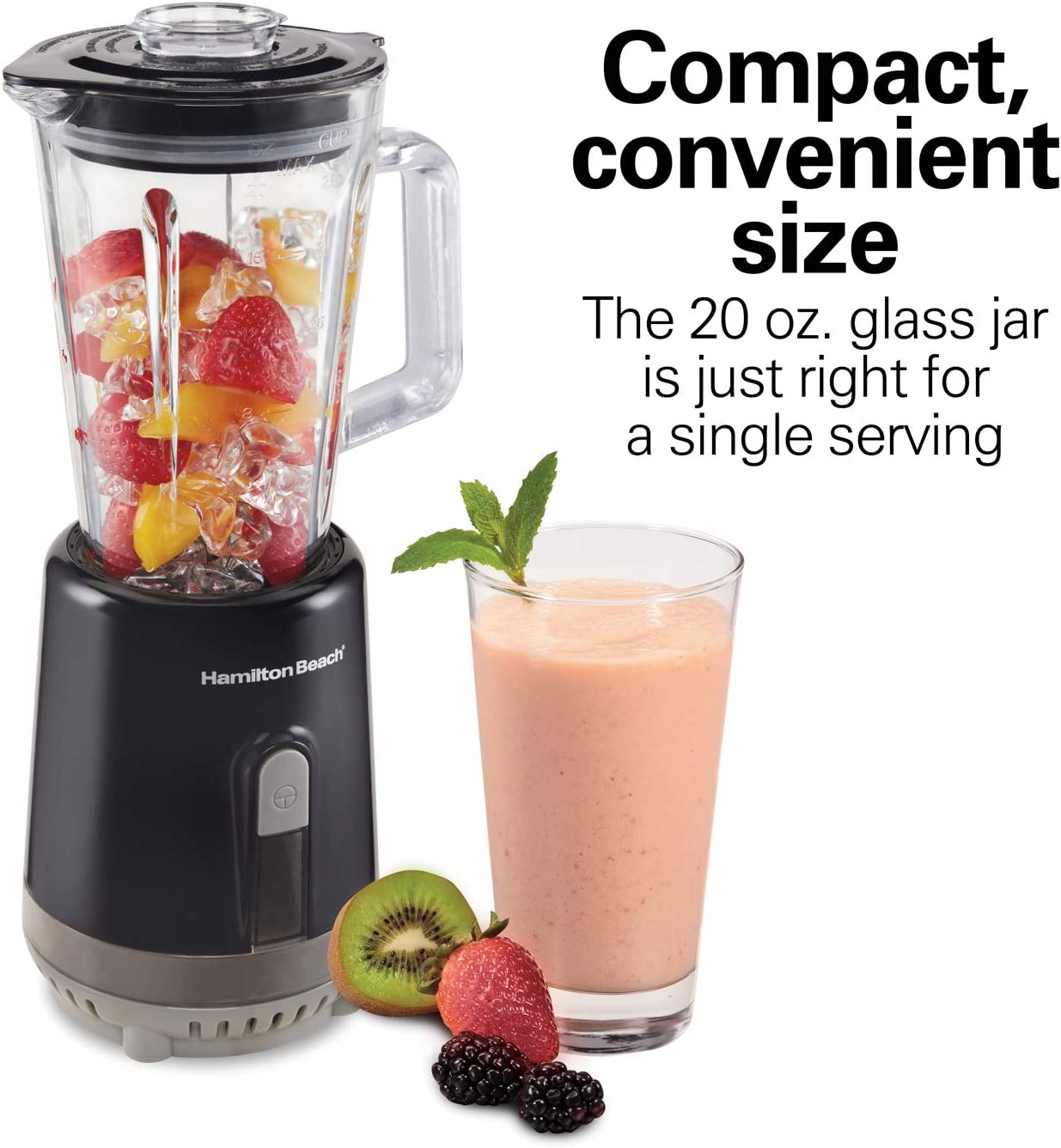 Hamilton Beach Personal Blender for Shakes and Smoothies, 600 Watts, 20oz Single Serve Glass Jar, Black (51157)