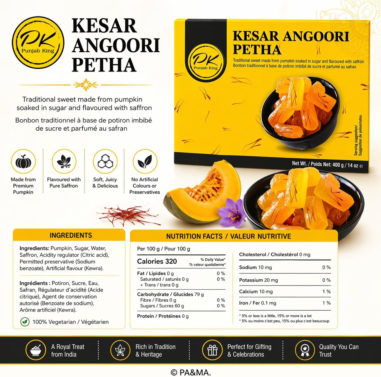 Punjab King Kesar Angoori Petha 400g – Saffron Flavored Indian Sweet | Soft & Juicy Petha Mithai, Traditional Dessert