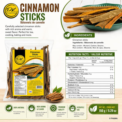 Punjab King Cinnamon Sticks 150g – Whole Dalchini (Ceylon Cassia) Spices | Aromatic Premium Cinnamon for Cooking, Baking & Tea