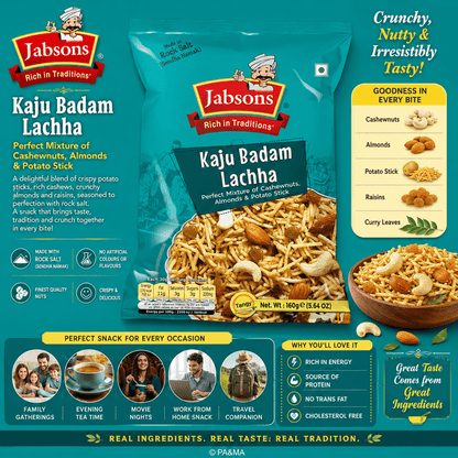 Jabsons Kaju Badam Lachha (Falhari) 160g – Cashew Almond Potato Stick Snack | Rock Salt Namkeen | Pack of 24