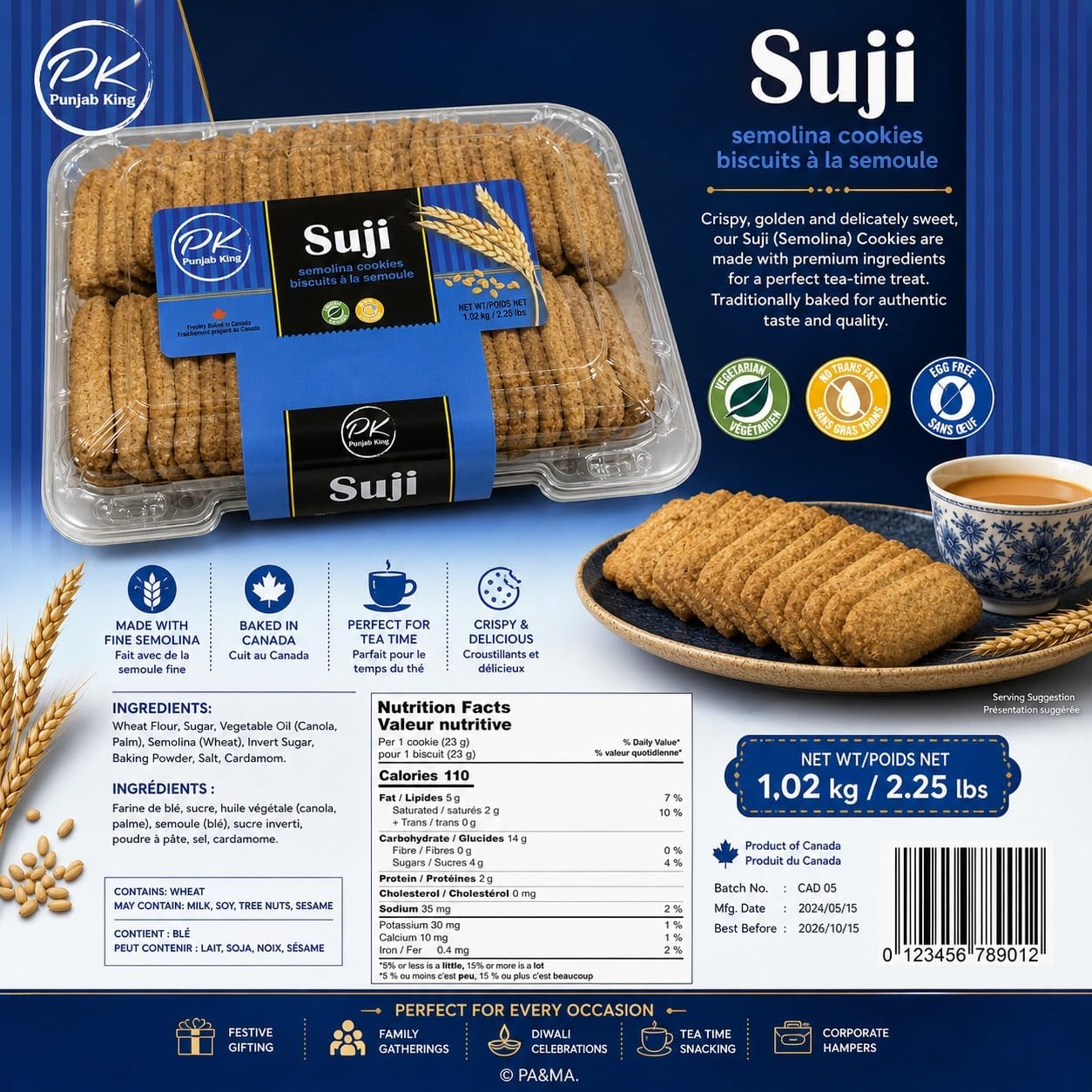 Punjab King Suji Cookies (Semolina Biscuits) – Crispy Eggless Rava Cookies, Traditional Indian Bakery Biscuits, Freshly Baked Snack, 1.02 kg