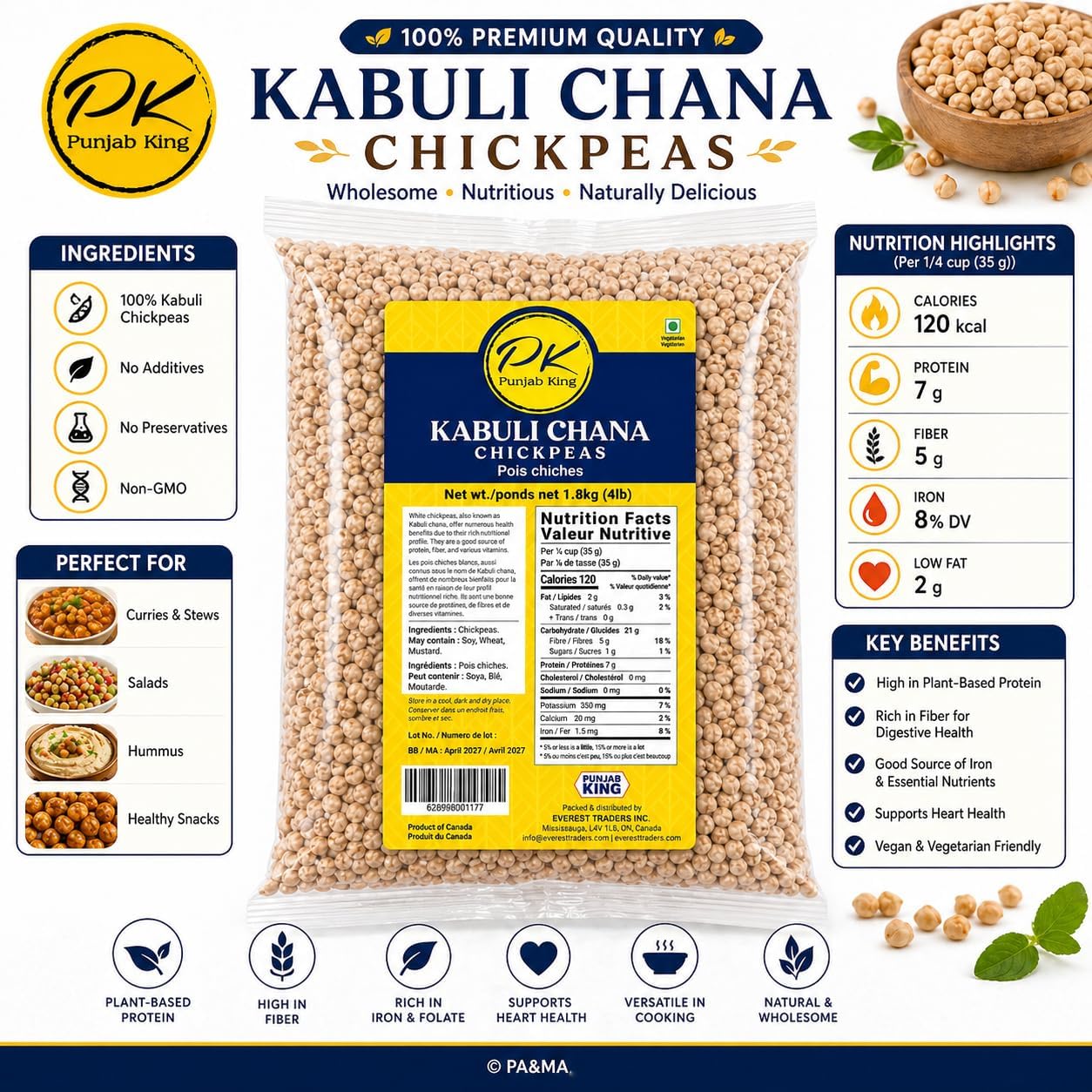 PK Punjab King Kabuli Chana 4lb (1.8kg) – Premium Chickpeas | High Protein & Fiber | Whole Garbanzo Beans for Cooking