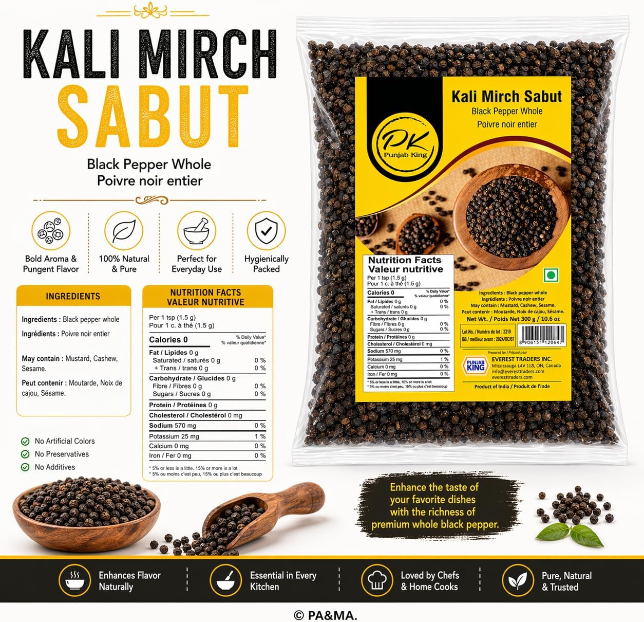 Punjab King Kali Mirch Sabut 300g – Whole Black Pepper | Premium Peppercorns, Strong Aroma & Fresh Spices for Cooking