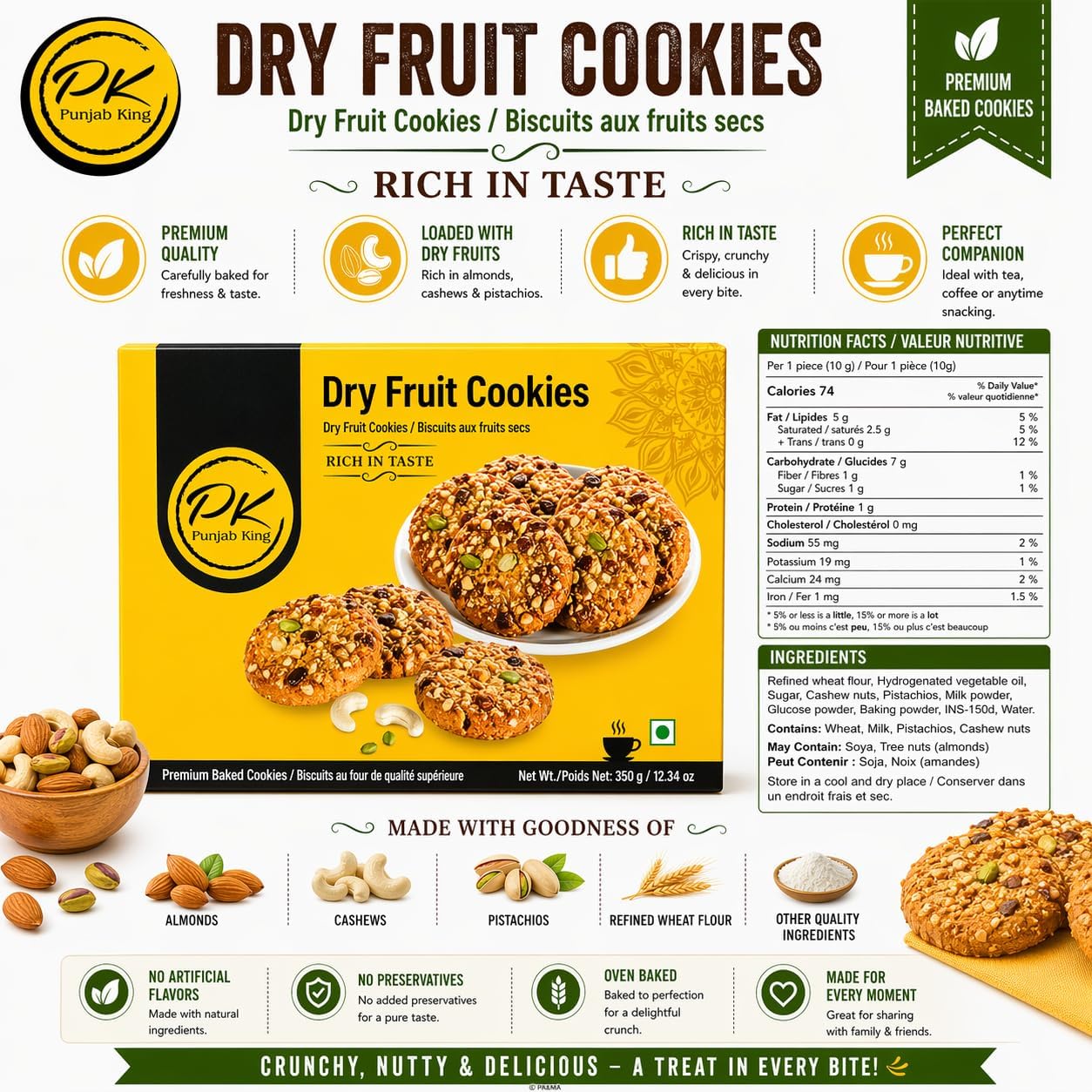 Punjab King Dry Fruit Cookies 350g – Premium Butter Biscuits with Mixed Nuts | Crunchy Indian Cookies, Rich in Taste Snack