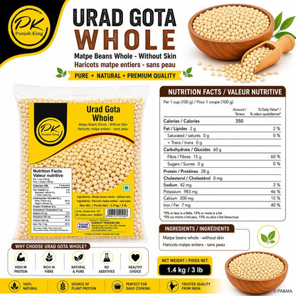Punjab King Urad Gota Whole (Skinless Black Gram) – Whole White Urad Dal, Premium Matpe Beans Without Skin, Protein-Rich Indian Lentils, 1.4 kg