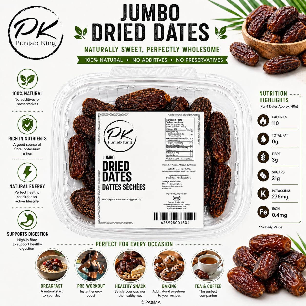 PK Punjab King Jumbo Dry Dates 200g – Premium Dried Dates | Natural Sweet Snack | High Energy & Fiber Rich