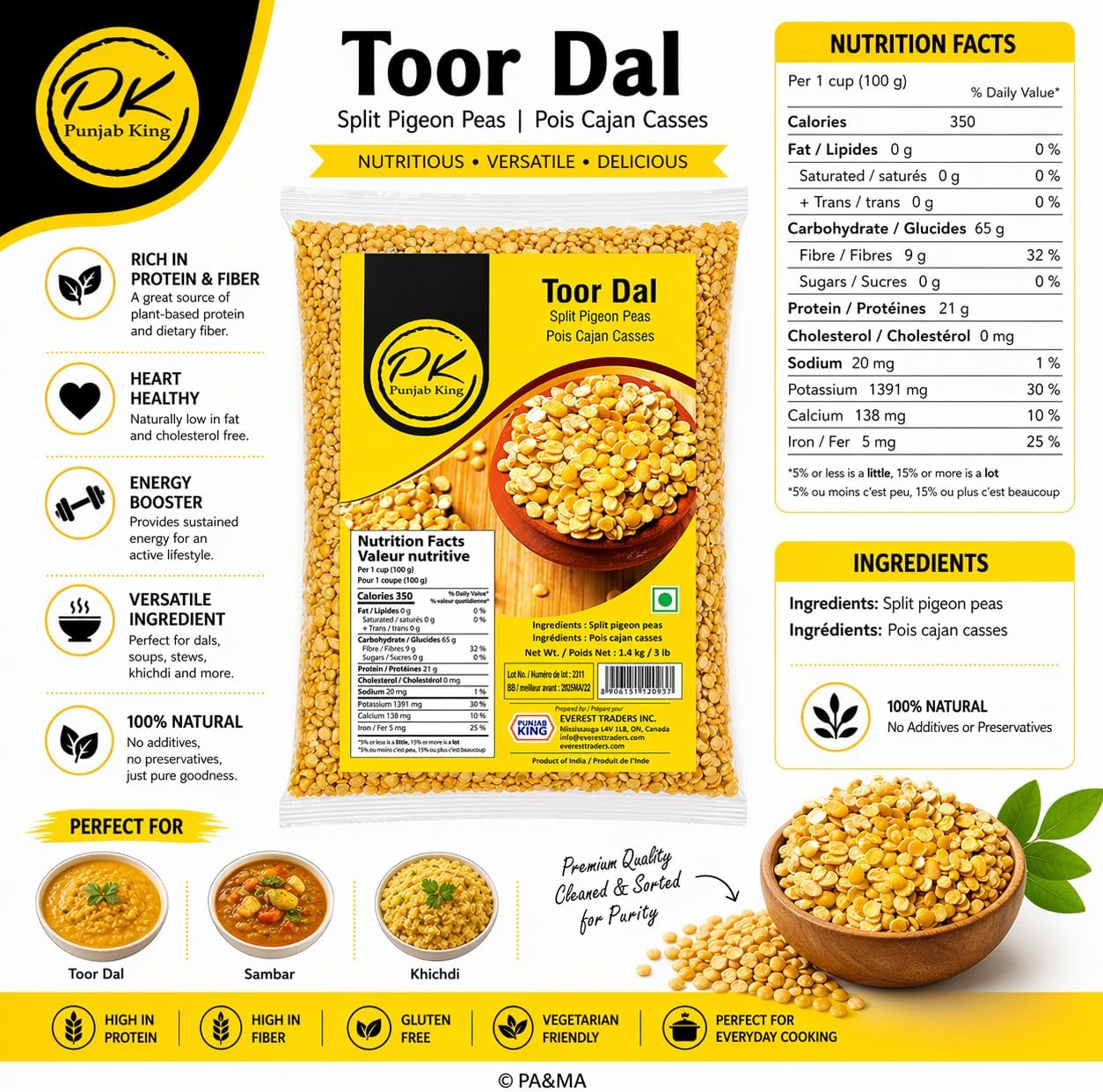 Punjab King Toor Dal (Split Pigeon Peas) – Premium Quality Arhar Dal, Protein-Rich Indian Lentils for Cooking, 1.4 kg