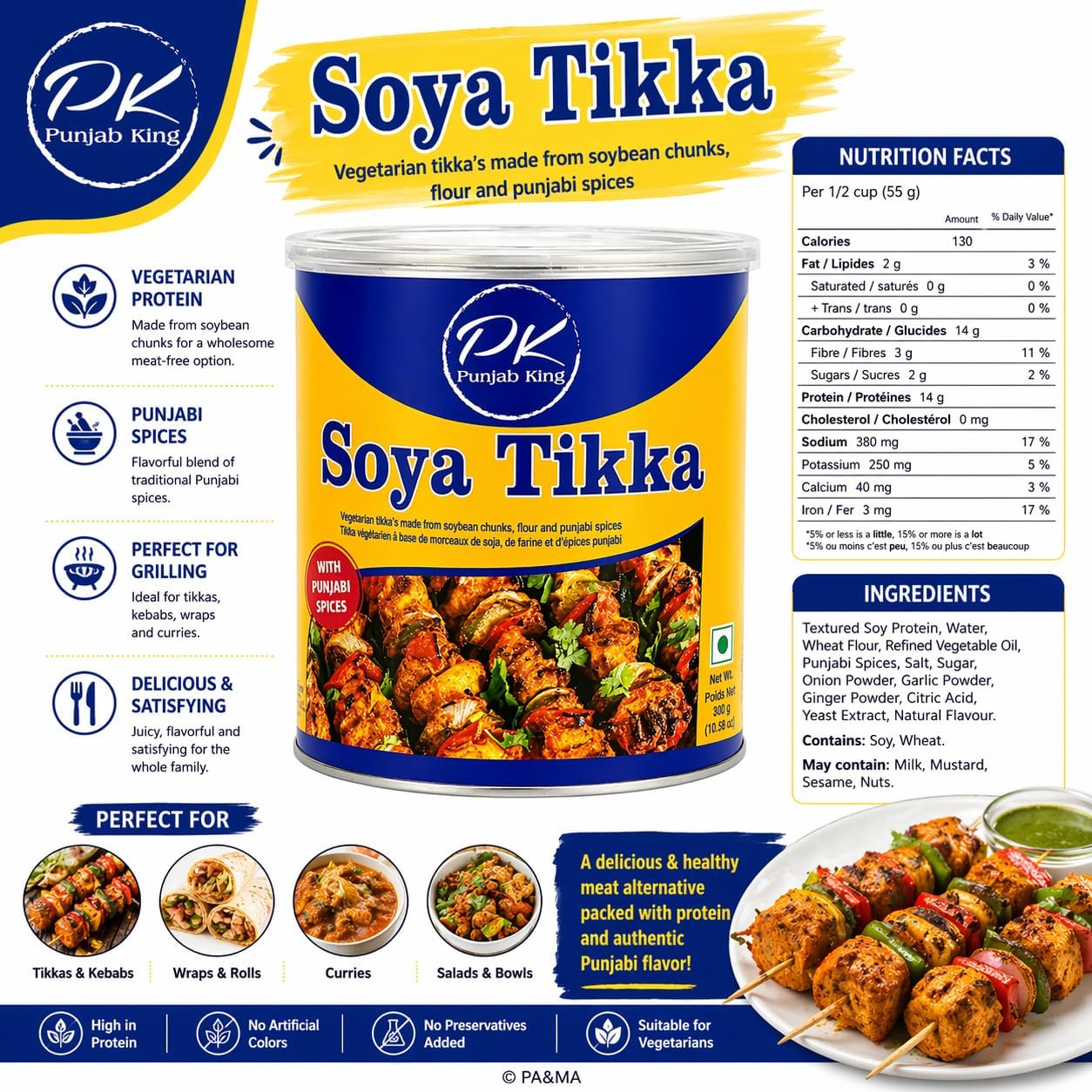 Punjab King Soya Tikka 850g Can – Ready-to-Cook Vegetarian Soy Protein Chunks with Punjabi Spices | Veg Meat Alternative for Tandoori & Curry