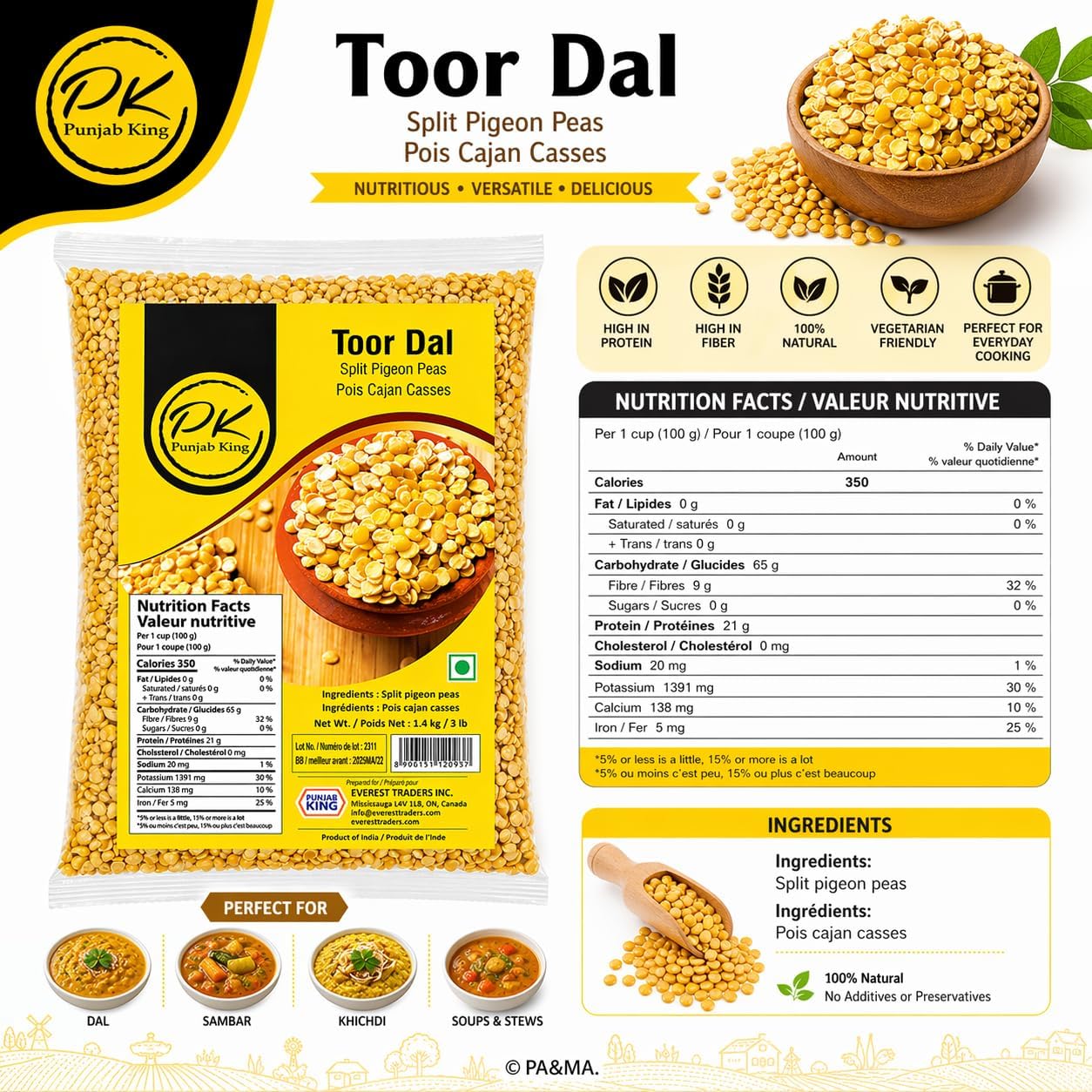 Punjab King Toor Dal (Split Pigeon Peas) – Premium Quality Arhar Dal, Protein-Rich Indian Lentils for Cooking, 1.4 kg