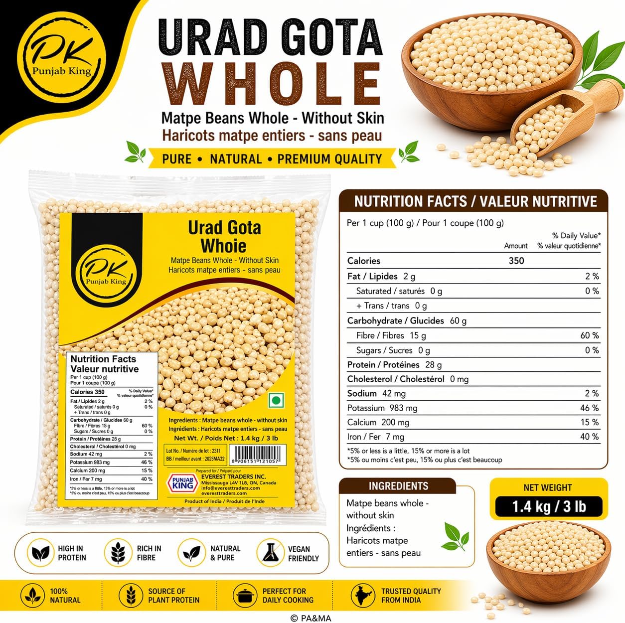 Punjab King Urad Gota Whole (Skinless Black Gram) – Whole White Urad Dal, Premium Matpe Beans Without Skin, Protein-Rich Indian Lentils, 1.4 kg