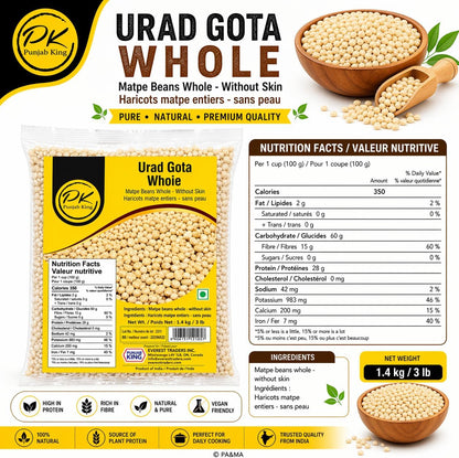 Punjab King Urad Gota Whole (Skinless Black Gram) – Whole White Urad Dal, Premium Matpe Beans Without Skin, Protein-Rich Indian Lentils, 1.4 kg