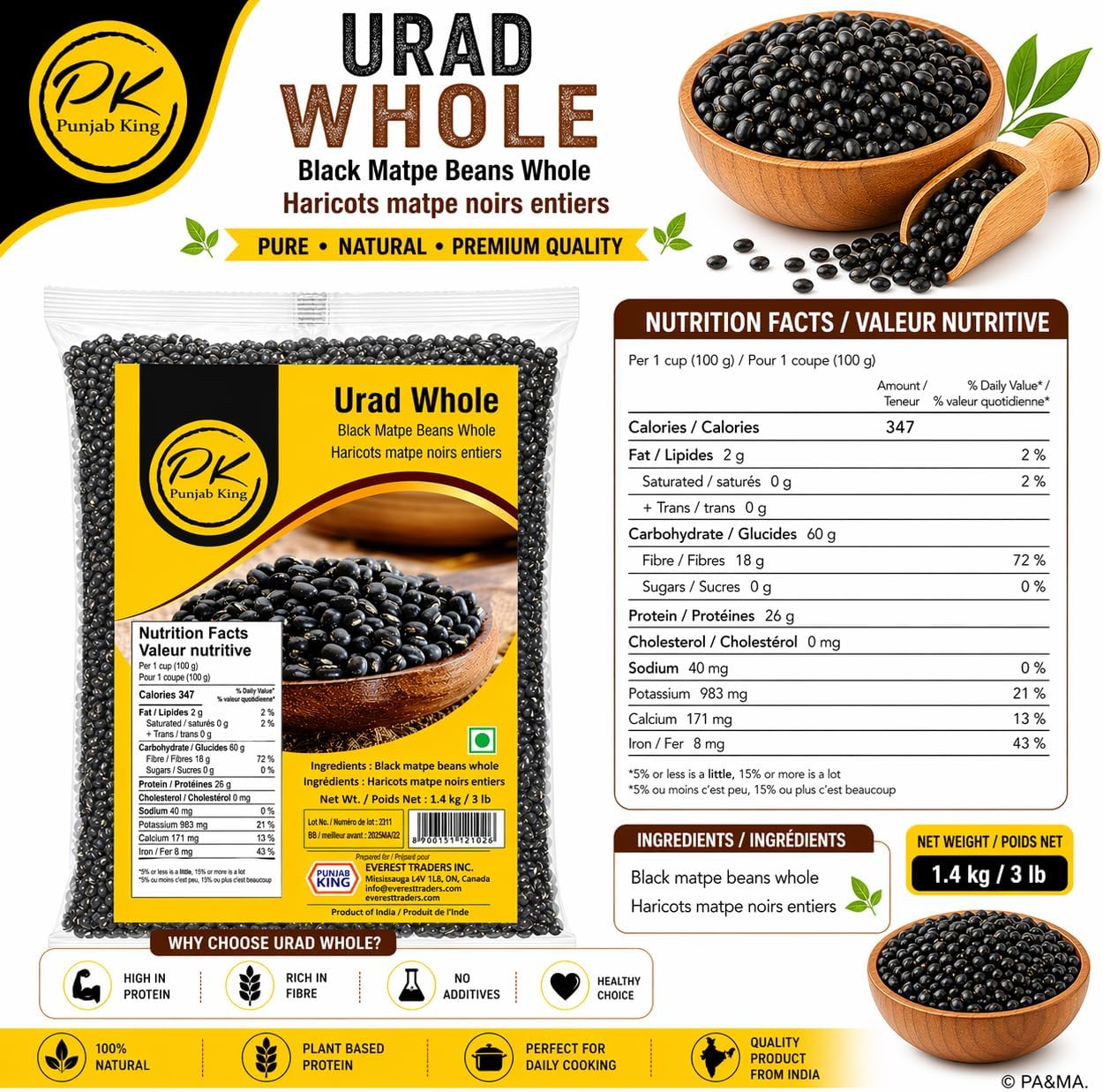 Punjab King Urad Whole (Black Matpe Beans Whole) – Whole Black Gram, Premium Indian Lentils for Dal Makhani & Traditional Cooking, Protein-Rich Pulses, 1.4 kg