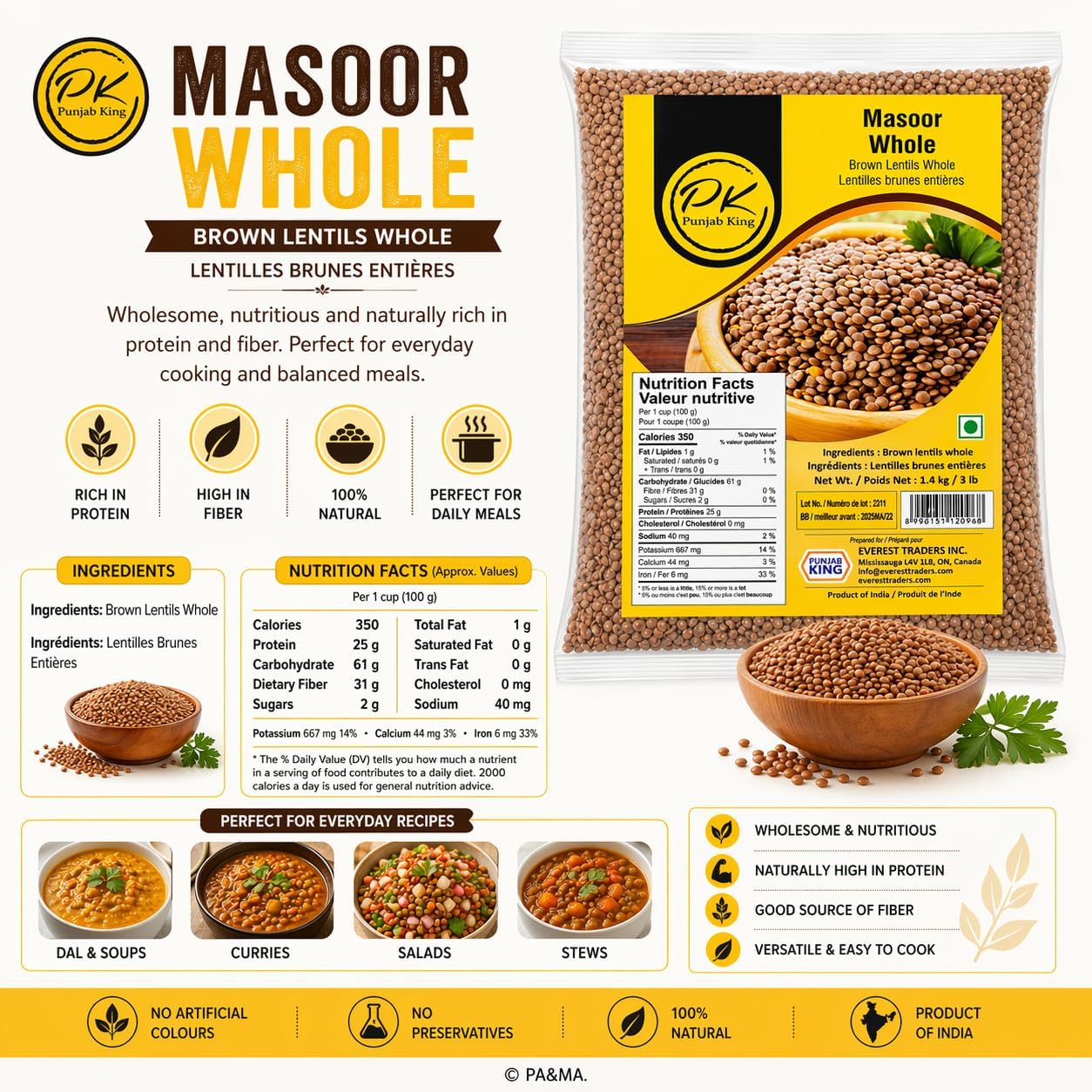 Punjab King Masoor Whole 1.4kg (3lb) – Brown Whole Lentils | High Protein Indian Dal | Product of India