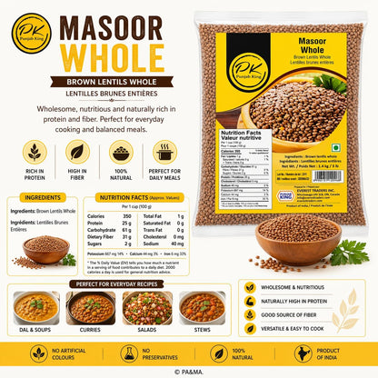 Punjab King Masoor Whole 1.4kg (3lb) – Brown Whole Lentils | High Protein Indian Dal | Product of India