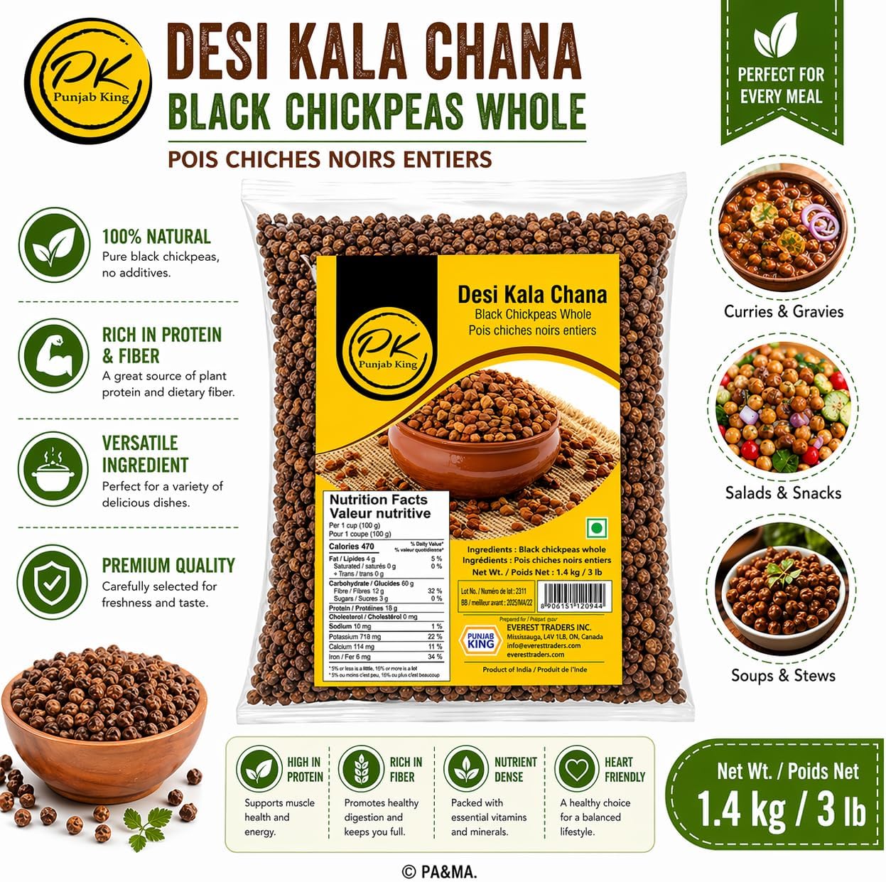 Punjab King Desi Kala Chana 1.4kg (3lb) – Whole Black Chickpeas | High Protein & Fiber Indian Pulses for Curry, Chaat & Healthy Meals