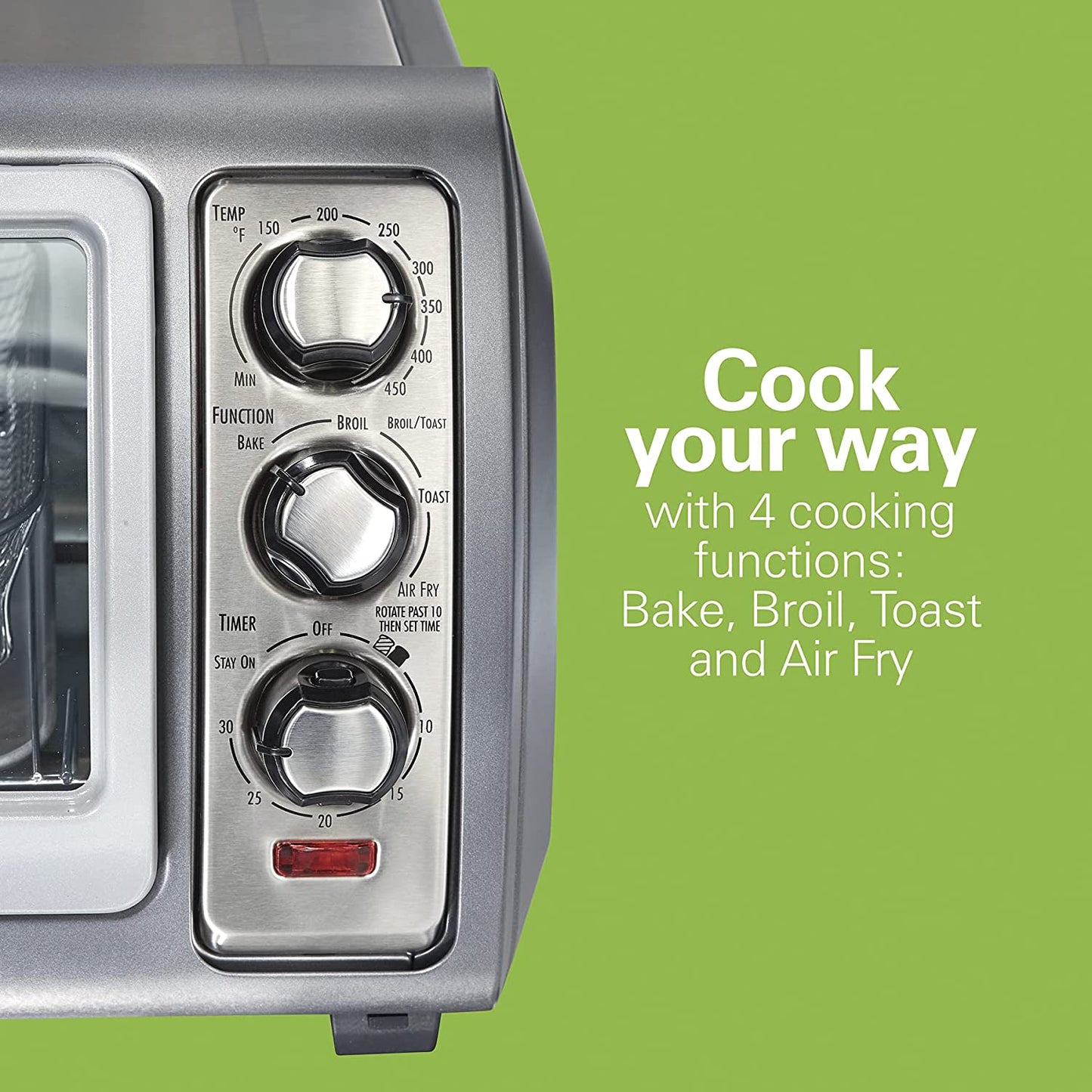 Hamilton Beach Air Fryer Countertop Toaster Oven with Large Capacity, Fits 6 Slices or 12” Pizza, 4 Cooking Functions for Convection, Bake, Broil, Roll-Top Door, Easy Reach Sure-Crisp, Stainless Steel, 31523C