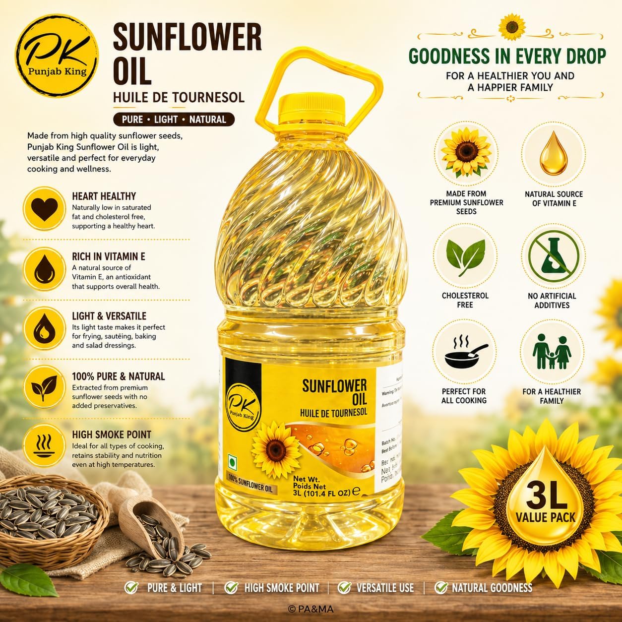 PK Sunflower Oil 3 L (101.4 fl oz) – Pure Cooking Oil for Frying, Sautéing, Baking & Everyday Cooking