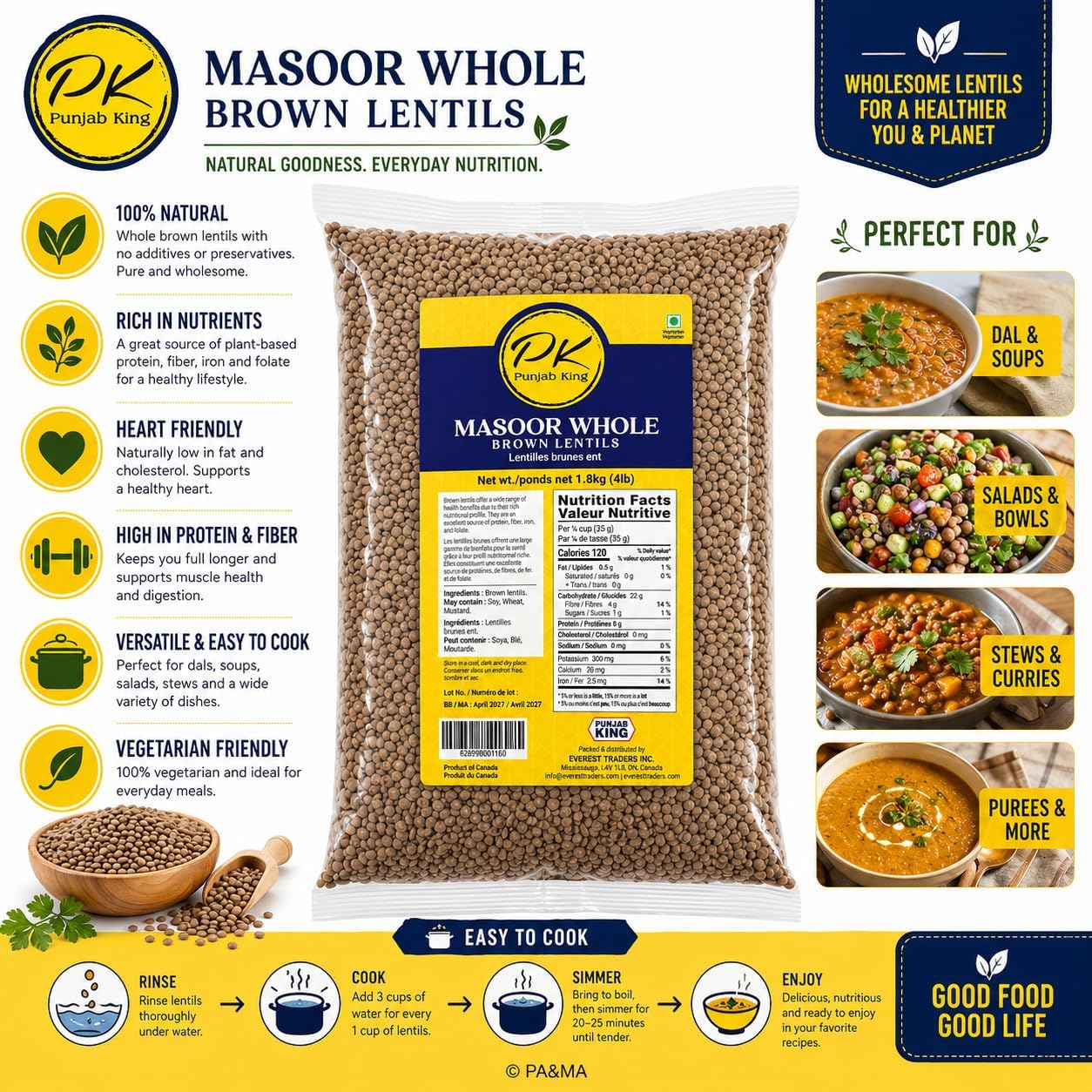 PK Punjab King Masoor Whole Brown Lentils 4lb (1.8kg) – Whole Red Lentils | High Protein & Fiber | Premium Quality Dal