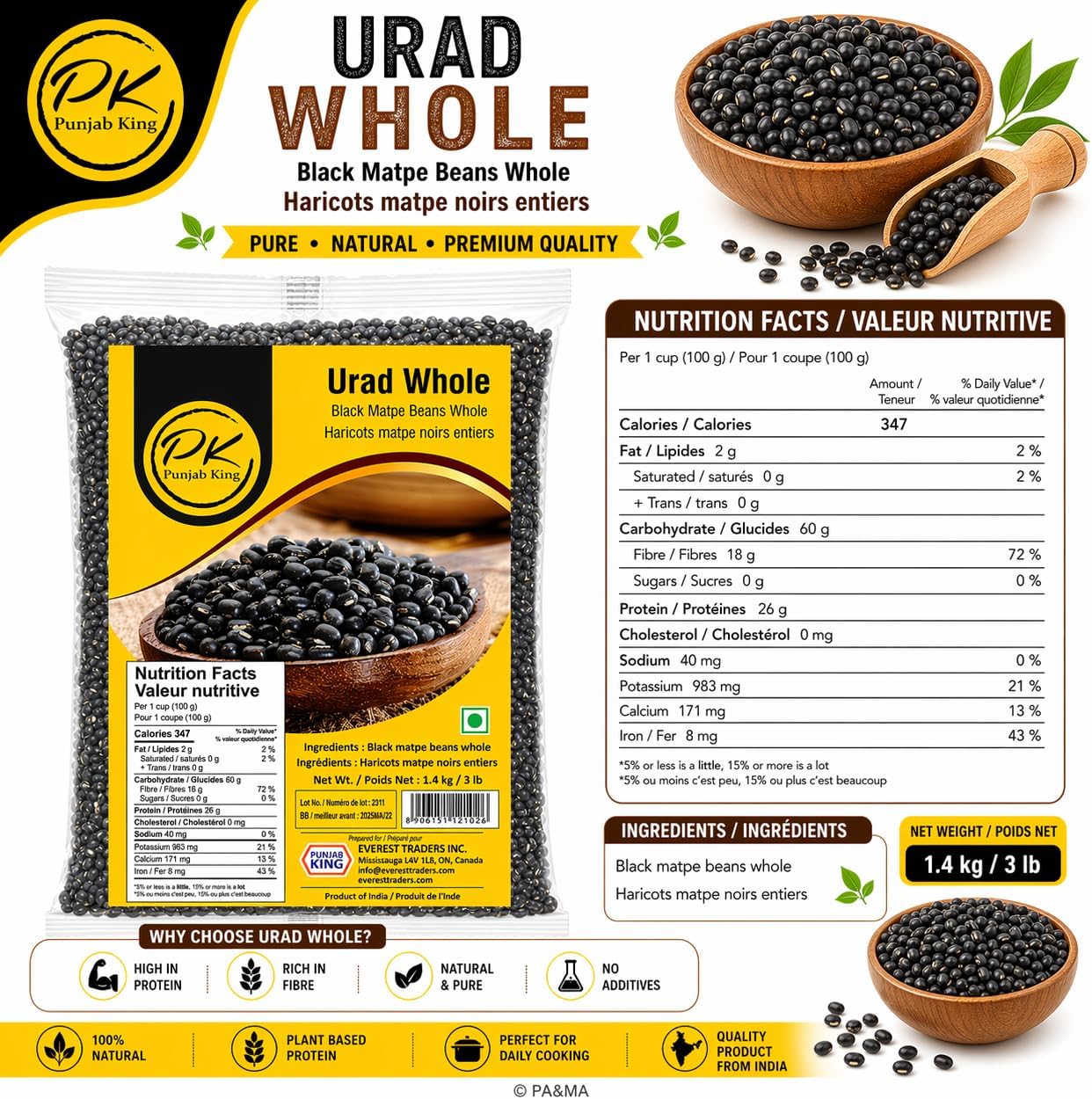 Punjab King Urad Whole (Black Matpe Beans Whole) – Whole Black Gram, Premium Indian Lentils for Dal Makhani & Traditional Cooking, Protein-Rich Pulses, 1.4 kg