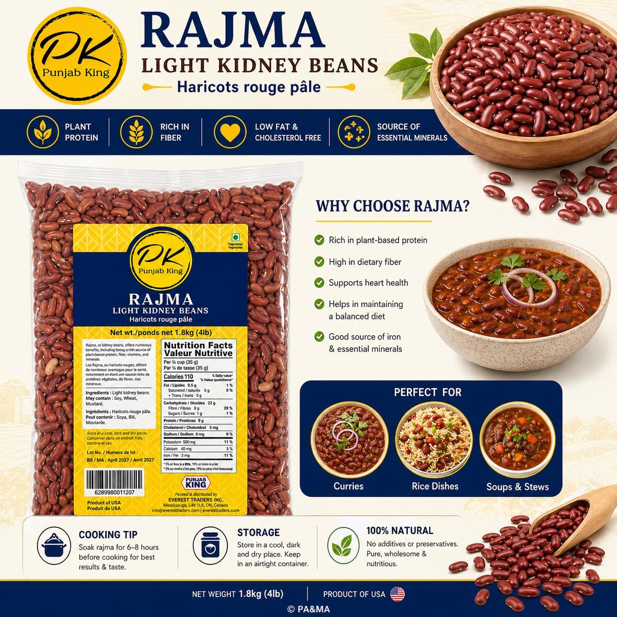 PK Punjab King Rajma Light Kidney Beans 4lb (1.8kg) – Premium Red Kidney Beans | High Protein & Fiber | Whole Beans for Cooking