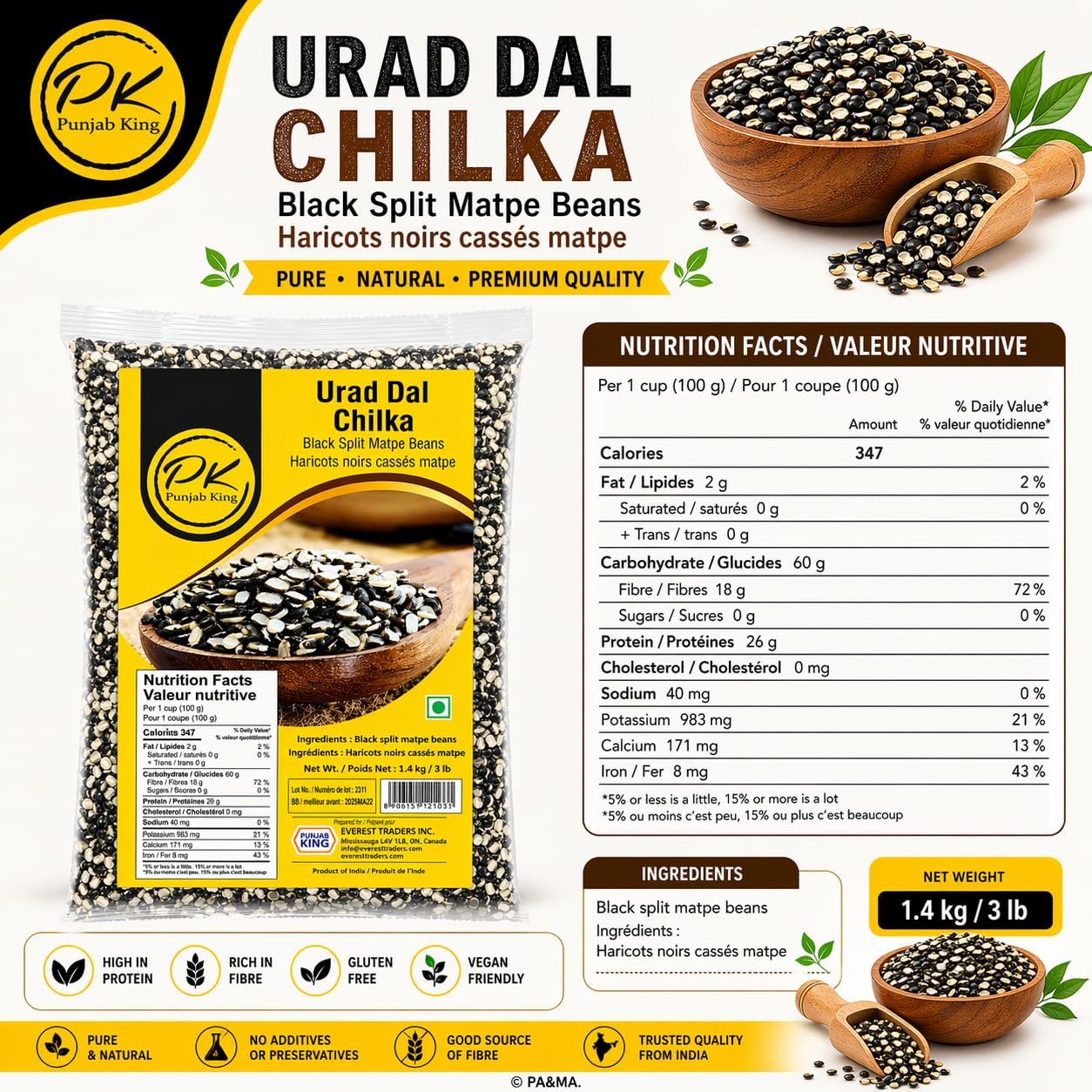 Punjab King Urad Dal Chilka – Split Black Gram with Skin, Black Split Matpe Beans, Protein-Rich Indian Lentils for Cooking, 1.4 kg