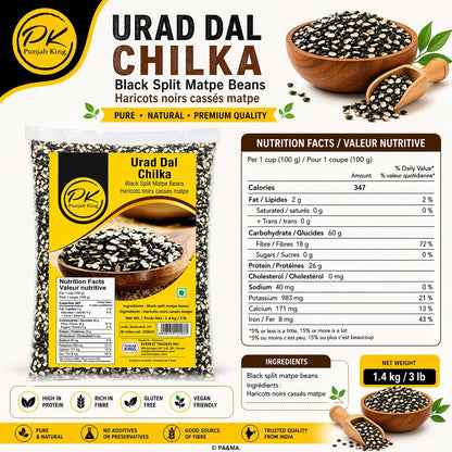 Punjab King Urad Dal Chilka – Split Black Gram with Skin, Black Split Matpe Beans, Protein-Rich Indian Lentils for Cooking, 1.4 kg