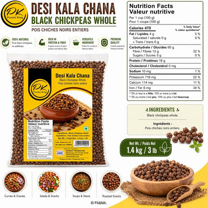 Punjab King Desi Kala Chana 1.4kg (3lb) – Whole Black Chickpeas | High Protein & Fiber Indian Pulses for Curry, Chaat & Healthy Meals