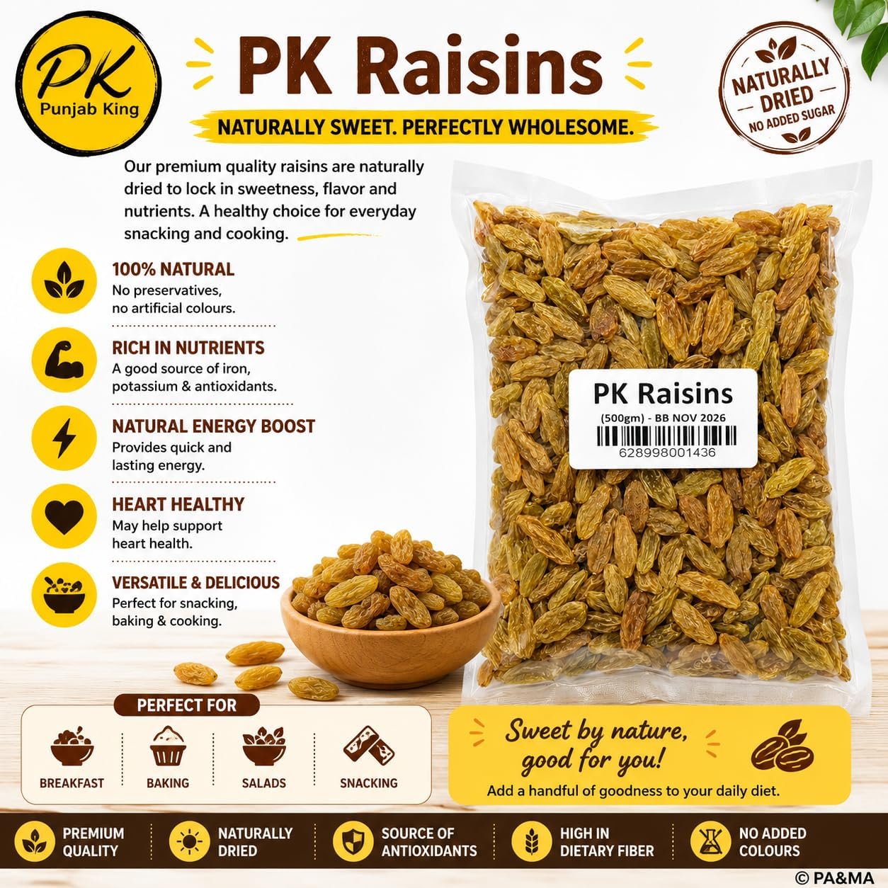 PK Raisins 500 g – Premium Seedless Raisins | Naturally Sweet Dried Grapes | Healthy Snack & Baking Ingredient