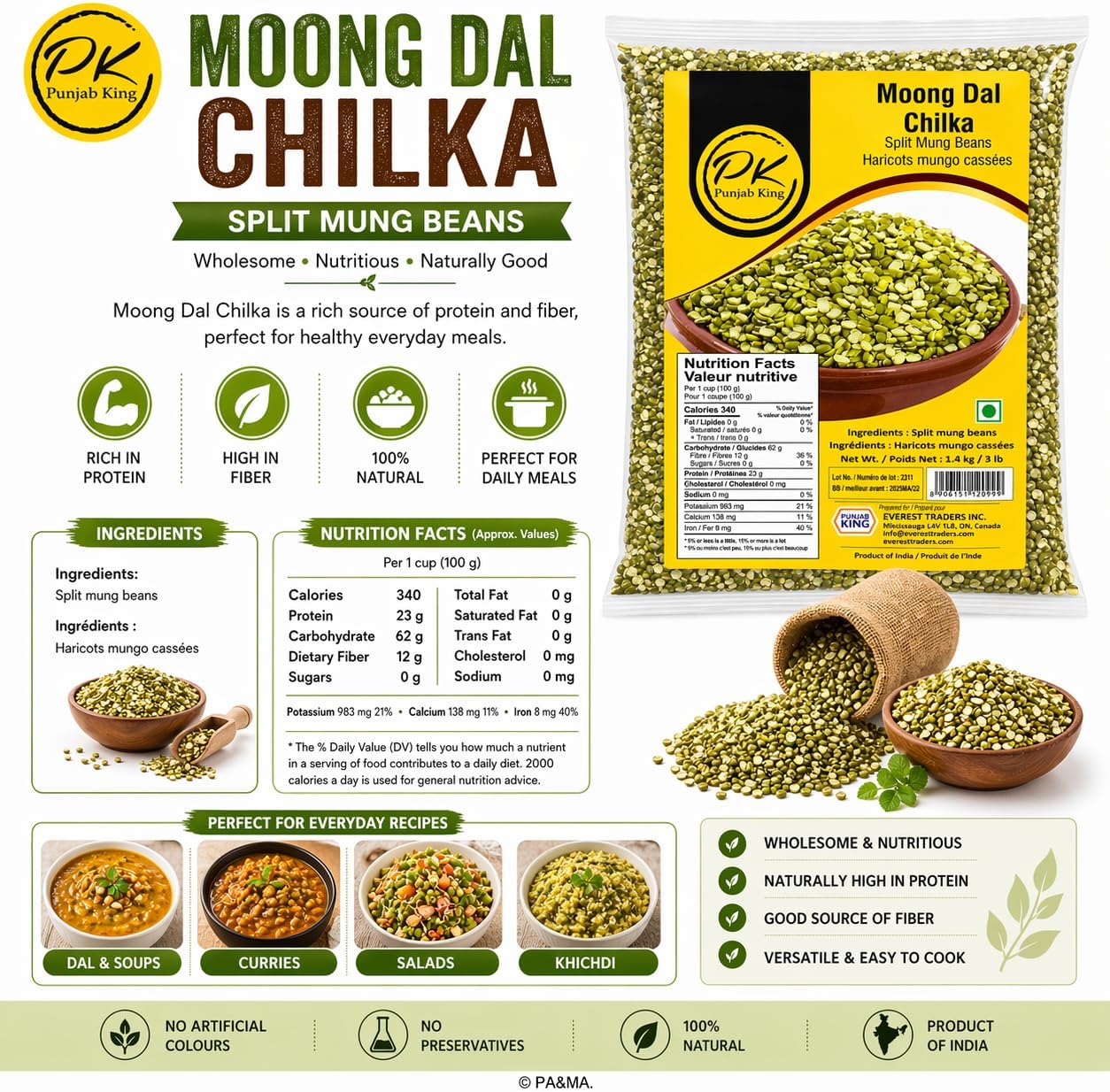 Punjab King Moong Dal Chilka 1.4kg (3lb) – Split Mung Beans with Skin | High Protein Indian Dal | Product of India