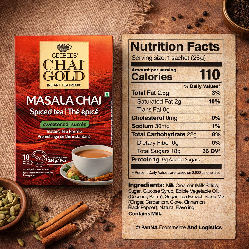 GeeBees Chai Gold Masala Chai, Sweetened, Instant Pre-Mix, 10 Sachets, Authentic Indian Masala Tea, Ready to Drink Tea - No Added preservatives, Natural Tea