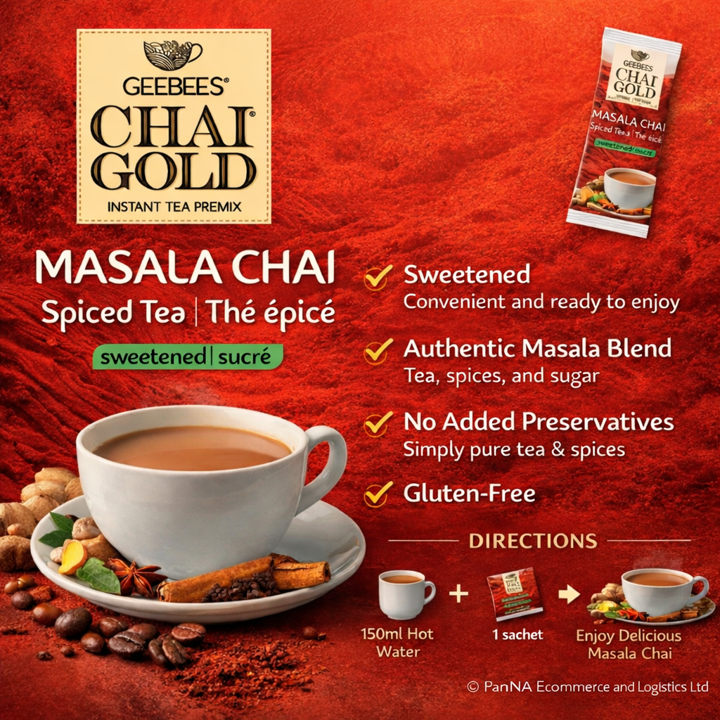 GeeBees Chai Gold Masala Chai, Sweetened, Instant Pre-Mix, 10 Sachets, Authentic Indian Masala Tea, Ready to Drink Tea - No Added preservatives, Natural Tea